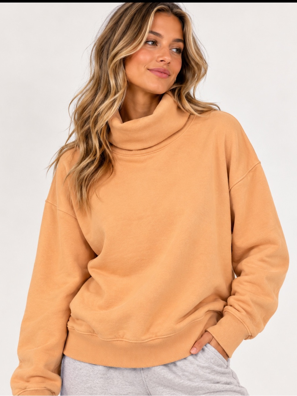 CALIA Everyday Fleece Oversized Turtleneck Sweatshirt Apricot Wash Size L